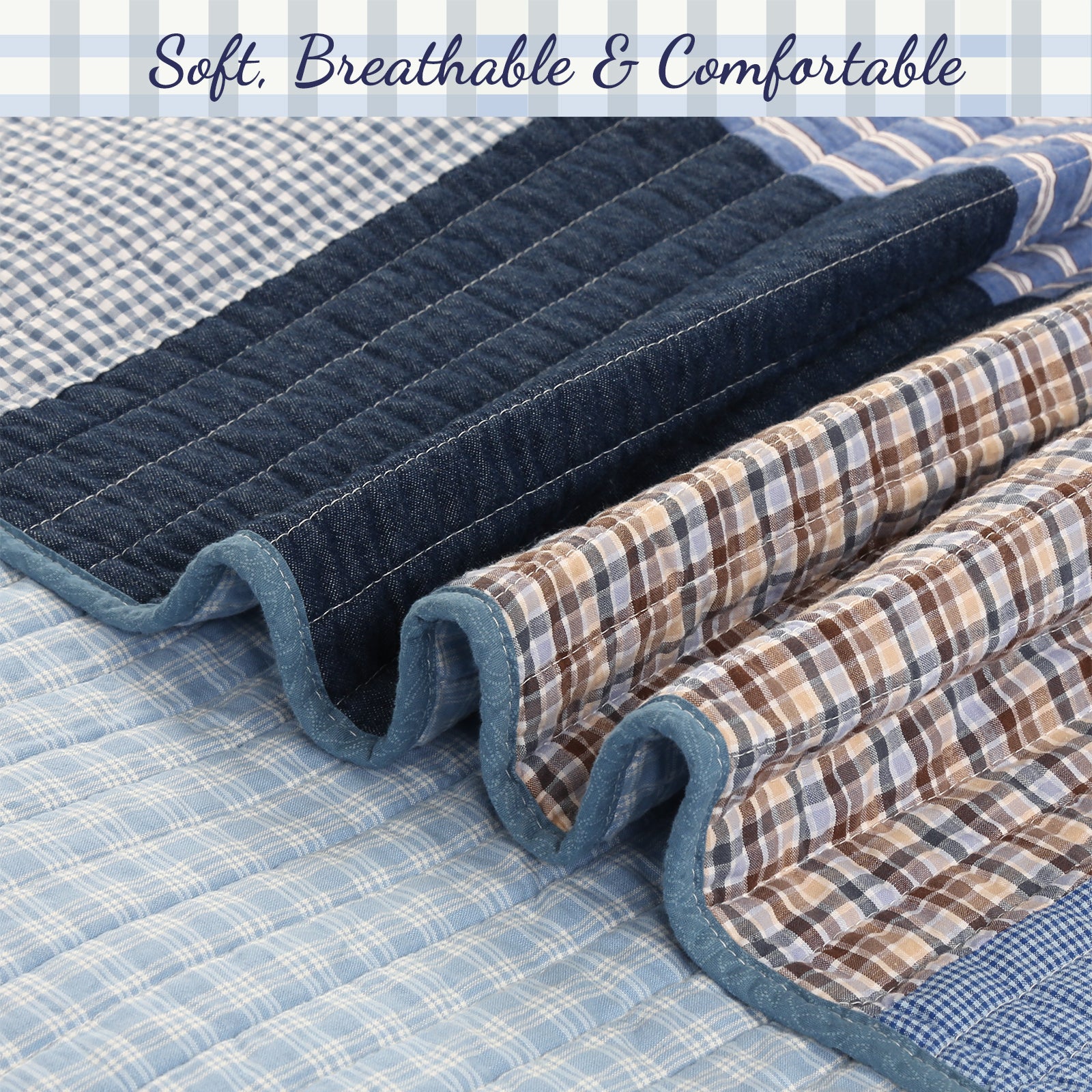 Blue Jean Plaid Stripes Tartan Real Patchwork Cotton Reversible Quilt  Bedding Set