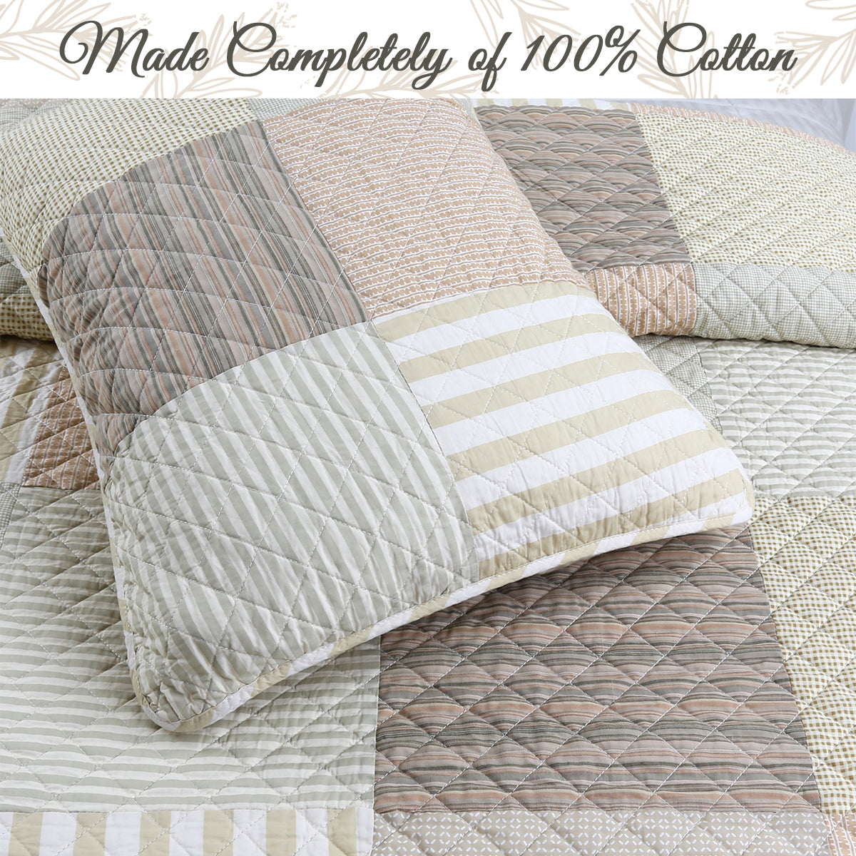 Earth Tone Brown Tan Beige Stripe Checker Real Patchwork 3-Piece Cotton  Reversible Quilt Bedding Set