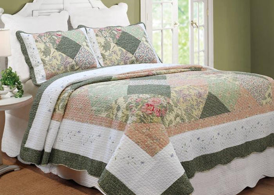 Grace Forest Green Real Patchwork Embroidered Scalloped Edge 3-Piece C ...