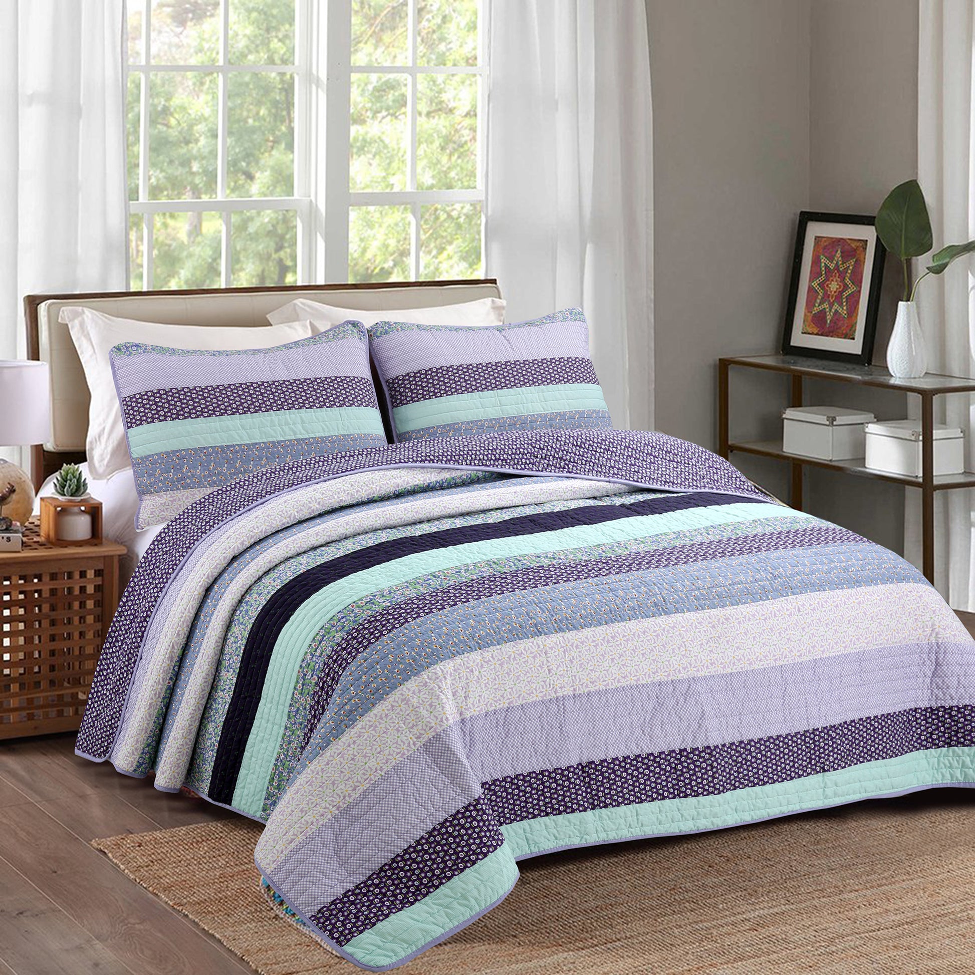 Safira Striped Purple 3-Piece Cotton Reversible Quilt Bedding Set ...