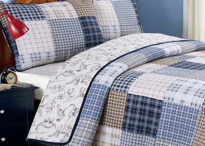 Benjamin Dinosaur Blue Brown Plaid Print Patchwork Cotton Reversible Quilt  Bedding Set