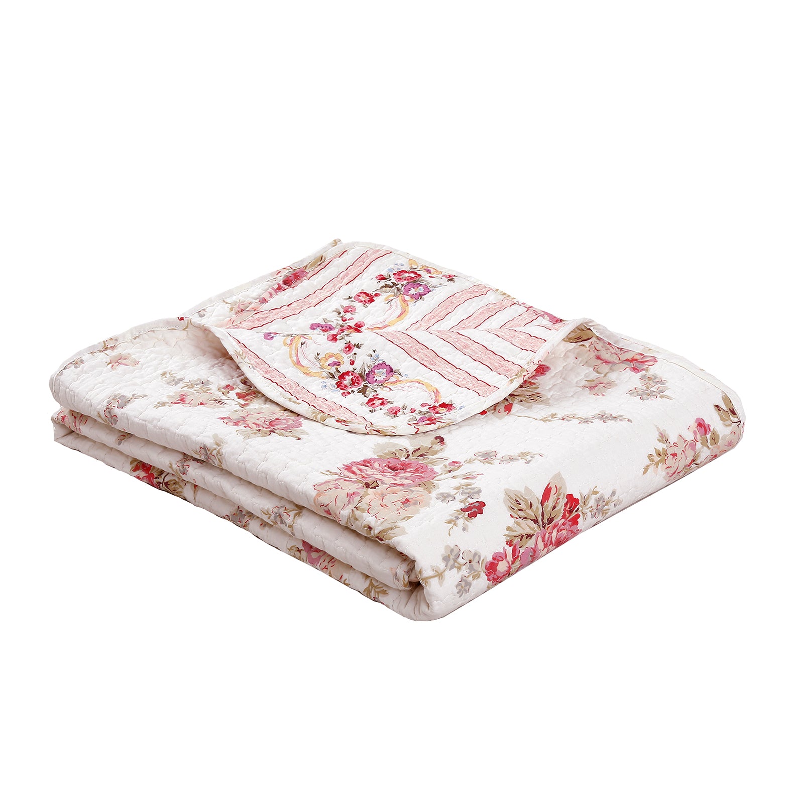 Spring Rose Floral Scalloped Cotton Quilted Reversible Decor Throw