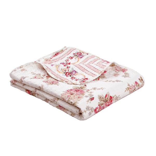 Spring Rose Floral Scalloped Cotton Quilted Reversible Decor Throw Bla ...