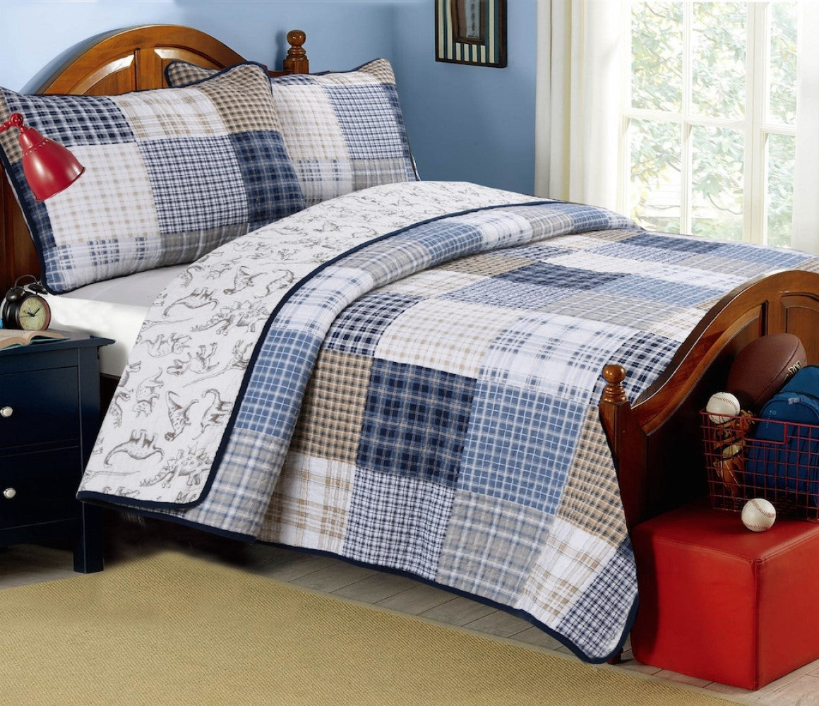 Benjamin Dinosaur Blue Brown Plaid Print Patchwork Cotton Reversible Quilt  Bedding Set